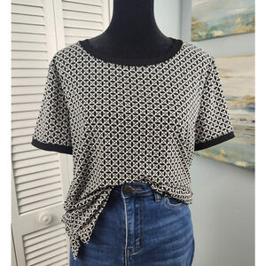 Anne Klein Black White Top Medium Short Sleeve Career Stretch Jersey Knit